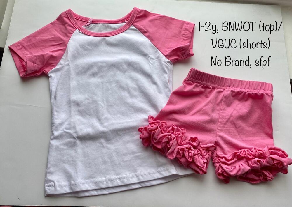Pink Baby Girls Ruffled Shorts and Tee Outfit Sz 1-2y Shorties Set Summertime